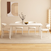 Ensemble table et chaises de salle à manger rectangulaire en bois massif, style nordique moderne, blanc crème, plateau en marbre, design pliable, cuisinière à induction