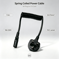 Cable de Alimentación Enrollado de Cobre de 10A, Longitud Personalizada, IP65, Enchufe BS S1363 (Reino Unido), Diseño en Espiral IEC C13 para Uso Industrial