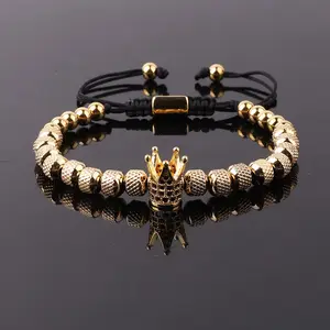 New Design Custom Stainless Steel Beads CZ Crown Charm Macrame Bracelet WIth Logo JBS12439