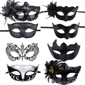 DAMAI Venetian Party Mask Set Half Face Black Lace Masquerade for Couples Plastic Halloween Costume Mardi Gras Mask for Women - Product Image 2
