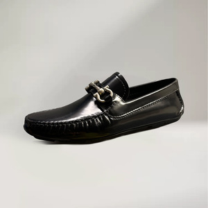 Men's Leather Loafers Black Flat Heel Horsebit Buckle <b>Slip</b> <b>On</b> Fashion Casual Shoes - Product Image 1
