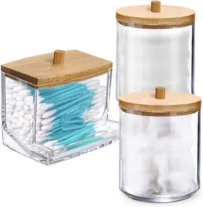 Distributeur transparent de coton-tige, support de coton-tige, Organization de stockage pour salle de bain, organisateur de maquillage avec couvercles en bambou