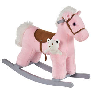 HOMCOM-Caballo balancín infantil de madera y felpa con sonidos y oso de peluche incluido, para niños de 18 a 36 meses, 65x26x55cm - Product Image 1