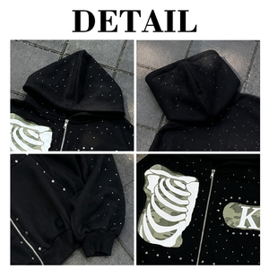 ผู้ผลิตเสื้อผ้าสตรีทแวร์แบบสั่งทำพิเศษ เสื้อฮู้ดดี้ทรงบ็อกซี่สีดำ ผ้าเฟรนช์เทอร์รี่ 100% คอตตอน ซิปหน้า ประดับคริสตัล หนักแน่น สำหรับผู้ชาย - Product Image 6