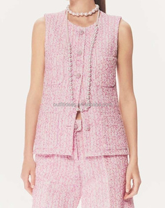 Rosa Ecru lusso donna gilet di <span class=keywords><strong>Tweed</strong></span> in lana originale rosa pantaloncini da passerella Set completi da ragazza giacca di <span class=keywords><strong>Tweed</strong></span> in cotone iridescente perle - Product Image 2