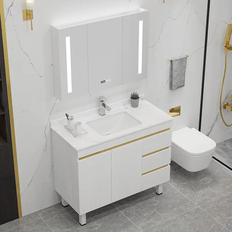 Mobili per bagno dell'hotel mobile da bagno impermeabile in legno massello di lusso con montaggio a pavimento con specchio intelligente