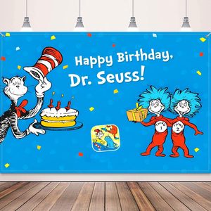 Décorations de fête d'anniversaire <span class=keywords><strong>Dr</strong></span> Seuss, bannière de <span class=keywords><strong>fond</strong></span> Joyeux Anniversaire, décorations sur le thème bleu, bannière de <span class=keywords><strong>fond</strong></span>, accessoires de photomaton - Product Image 1