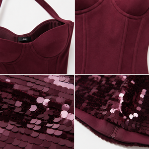 Ensemble de soirée deux pièces A&J pour femme, comprenant un bustier à col licou, bonnets moulés et baleinés, et une mini-jupe à sequins, couleur bordeaux, GRS, logo personnalisé, ODM - Product Image 2