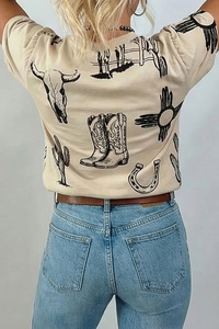 Camiseta de <span class=keywords><strong>mujer</strong></span> nueva estilo vintage vaquero con estampado de herradura, calavera de toro y cactus, de manga corta, holgada, informal, gráfica, para verano - Product Image 5