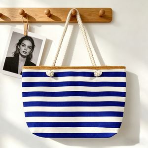 Bolsa de Lona a Rayas Azules y Blancas de Gran Capacidad, con Asas de Cuerda Gruesa, para Mujer, Ideal para la Playa, Vacaciones y Compras - Product Image 2