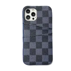 Capa de couro PU xadrez luxuosa personalizada para celular com slot duplo para cartão, capa para celular para iPhone 15 11 14 13
