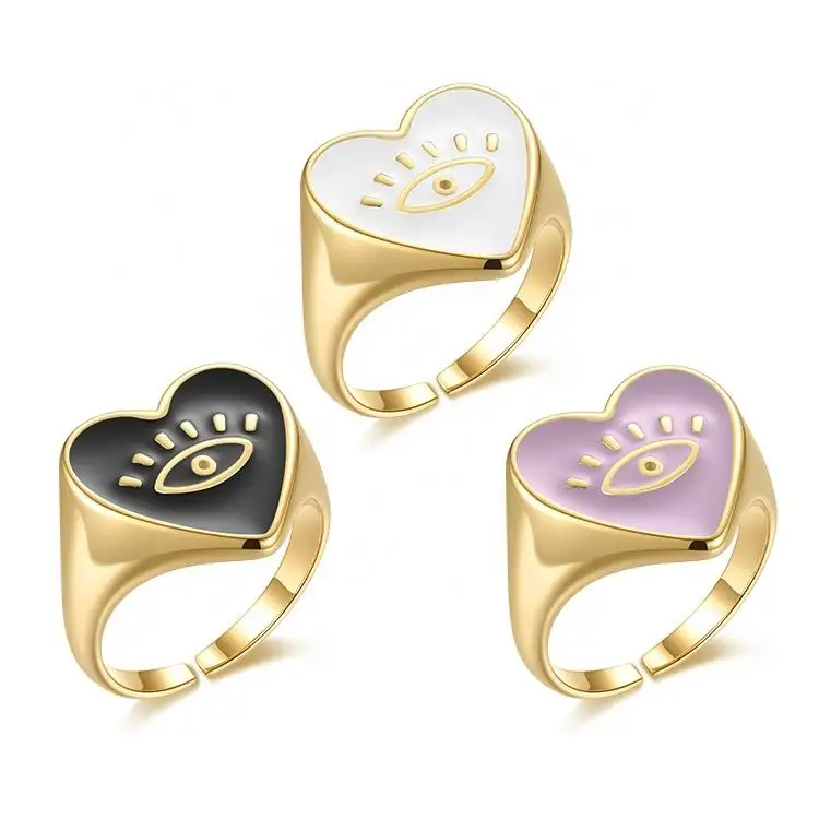 Mode 18 Karat vergoldet Edelstahl Schmuck Evil Eyes Chunky Heart Open Ring Emaille Epoxy Ringe R214132