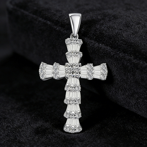 CUSTOM SILVER 10K/14K/18K GOLD PLATED LAB GROWN CVD DIAMOND CLASSIC ENGAGEMENT GIFT SWEATER <b>CHAIN</b> NECKLACE <b>CROSS</b> PENDANT VS - Product Image 3