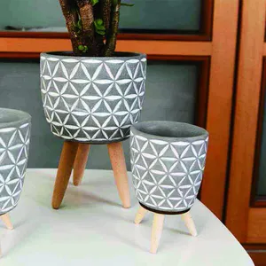 Hot Selling Indoor Bureau Decoratieve Kleine Pot Houten Benen Cement Planter Houten Bloempot Rack