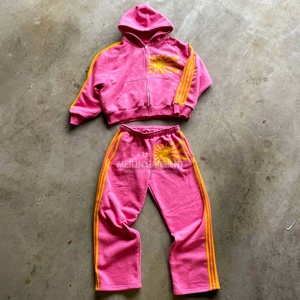 Custom Streetwear Stripes <b>Tracksuit</b> Screen Printing Wide Leg Flared Sweatpants and Zip up Hoodie Sets Oversized Men <b>Tracksuit</b> - Product Image 1