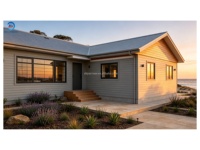 Villa de luxe préfabriquée en acier léger en forme de L, style maison de plage côtière australienne, 3 chambres, 2 salles de bain, plain-pied, modulaire, vue sur la mer, clé en main