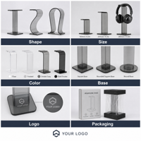 Support d'affichage en acrylique personnalisé, présentoir de luxe pour casques, support de bureau transparent pour casques audio, support de jeu avec panneau logo OEM