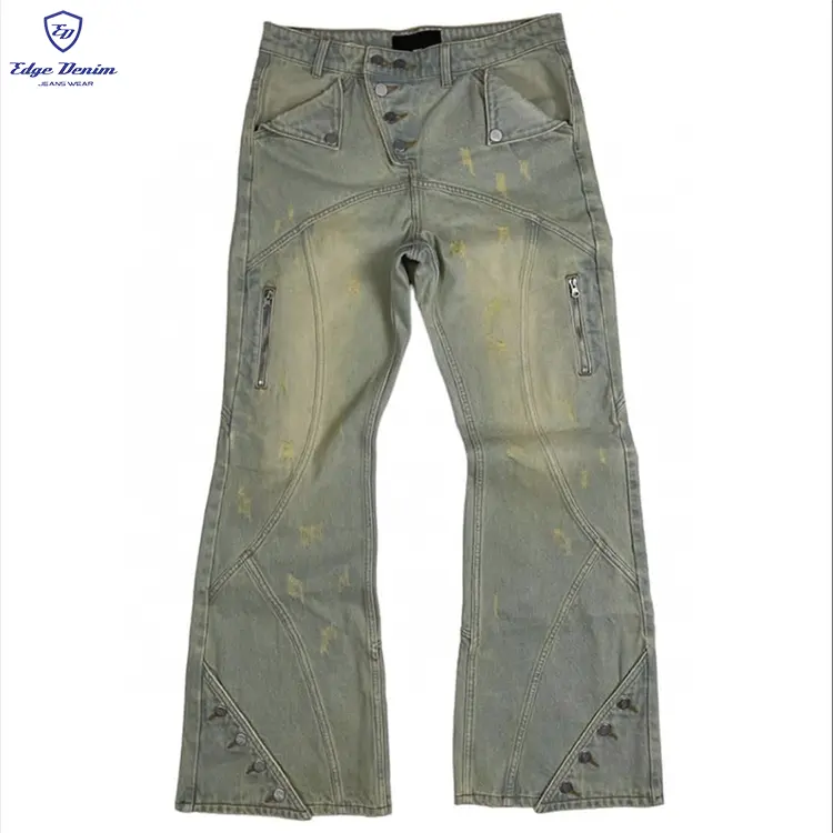 EDGEDENIM Benutzer definierte Hip Hop Vintage Wash Button Reiß verschluss Baggy Stacked Flare Leg Denim Jeans Hosen Männer