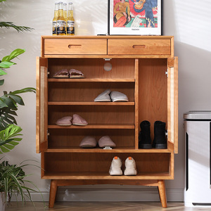 Nordic Japanese Minimalist Solid Wood <b>Shoe</b> Cabinet Cherry Wood Rattan <b>Storage</b> Entryway Living Room Cabinet - Product Image 4