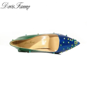 Blue and Green Rivets Pointy <b>Toe</b> Thin <b>Heels</b> Summer Women's Slip on Pumps Sexy Party Fancy Shoes - Product Image 2
