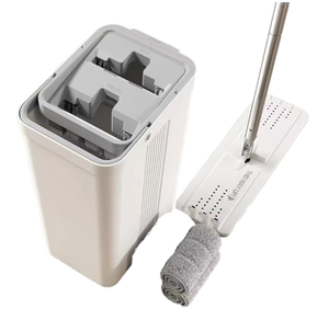 Trắng Có Thể Gập Lại Thép Phẳng Bóp Lau Xô Thiết Lập Với Tay Cầm Dài 4 Sợi Nhỏ Vải Ướt/Khô Làm Sạch Sàn Giỏ Nhựa - Product Image 1