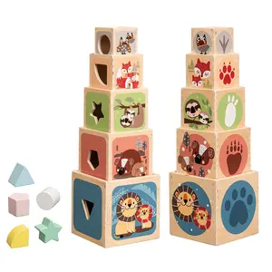 Foohi kotak susun hewan, kotak mainan pendidikan dan belajar kayu lima lapis untuk anak-anak