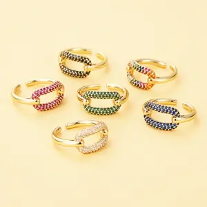 Anillos de cobre ovalados geométricos chapados en oro de 18K, anillos de apertura ajustables de diamantes de imitación de cristal coloridos para amantes, nuevos