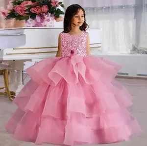 Zarif 110-160cm kabarık örgü doğum günü kızlar akşam elbise nakış çiçek kolsuz düğün çocuk topu elbisesi elbise 2023