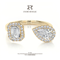Toi Et Moi Bague ouverte à deux pierres, bande de contour en émeraude et halo en forme de poire, Moissanite couleur D VVS1, en argent sterling 925 plaqué or, bijoux