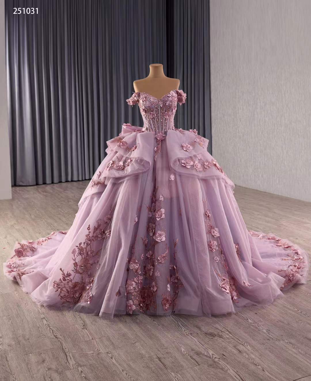 strapless open back dress Bella Gown  Lavender Blossom Dress with V-Neck & Floral Appliqus Lavender / US2