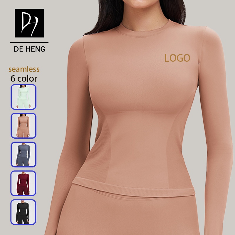 Round Neck Thumb Buckle Trim Fit Seamless Lady Custom Sports Yoga Fitness High Quality Gym Workout Long Sleeve Top for Women