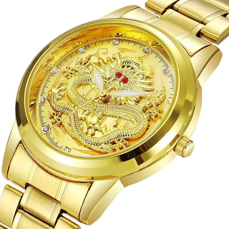 Men's Diamond Waterproof Embossed Golden Dragon Watch Non-Mechanical Ruby Watch