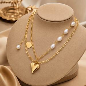 Custom High Quality Stainless Steel 18K Gold Imitation Pearl Layered Heart Butterfly Pendant Necklace Women Engagement Gift US - Product Image 5