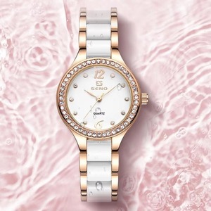Nouvelle montre à quartz pour femme, couleur or rose, avec lunette en cristal, cadran blanc, bracelet en céramique, étanche, élégante, montre-bracelet de soirée - Product Image 5