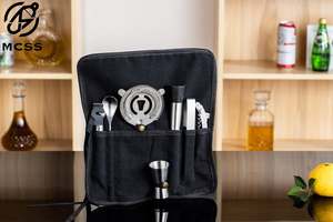 Kit d'outils de bar compact et réutilisable en acier inoxydable 8 pièces (fini naturel) avec pinces et pochette en <span class=keywords><strong>tissu</strong></span> noir pour la préparation de cocktails à domicile - Product Image 2