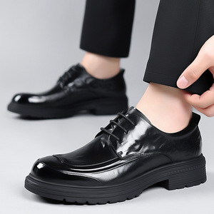 Chaussures habillées en cuir véritable noir pour hommes, à bout rond, lacées, semelle extérieure en caoutchouc, semelle intermédiaire en EVA, antidérapantes, vente en gros - Product Image 1