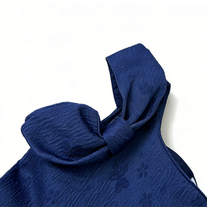 Abito Estivo per Ragazze in Tessuto Premium Jacquard Blu Navy con Fiocco Oversize Monolaterale e Gonna Svasata con Vita Stretta Servizio ODM - Product Image 3