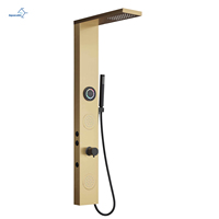 Panneau de douche thermostatique de luxe contemporain doré multifonctionnel avec écran LED, Bluetooth et jets de massage portatifs