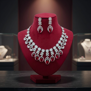 Silver Plated American <b>Diamond</b> Choker Necklace Set Rose Pink Crystal Drop Cubic Zirconia Necklace with Earrings for Women - Product Image 2