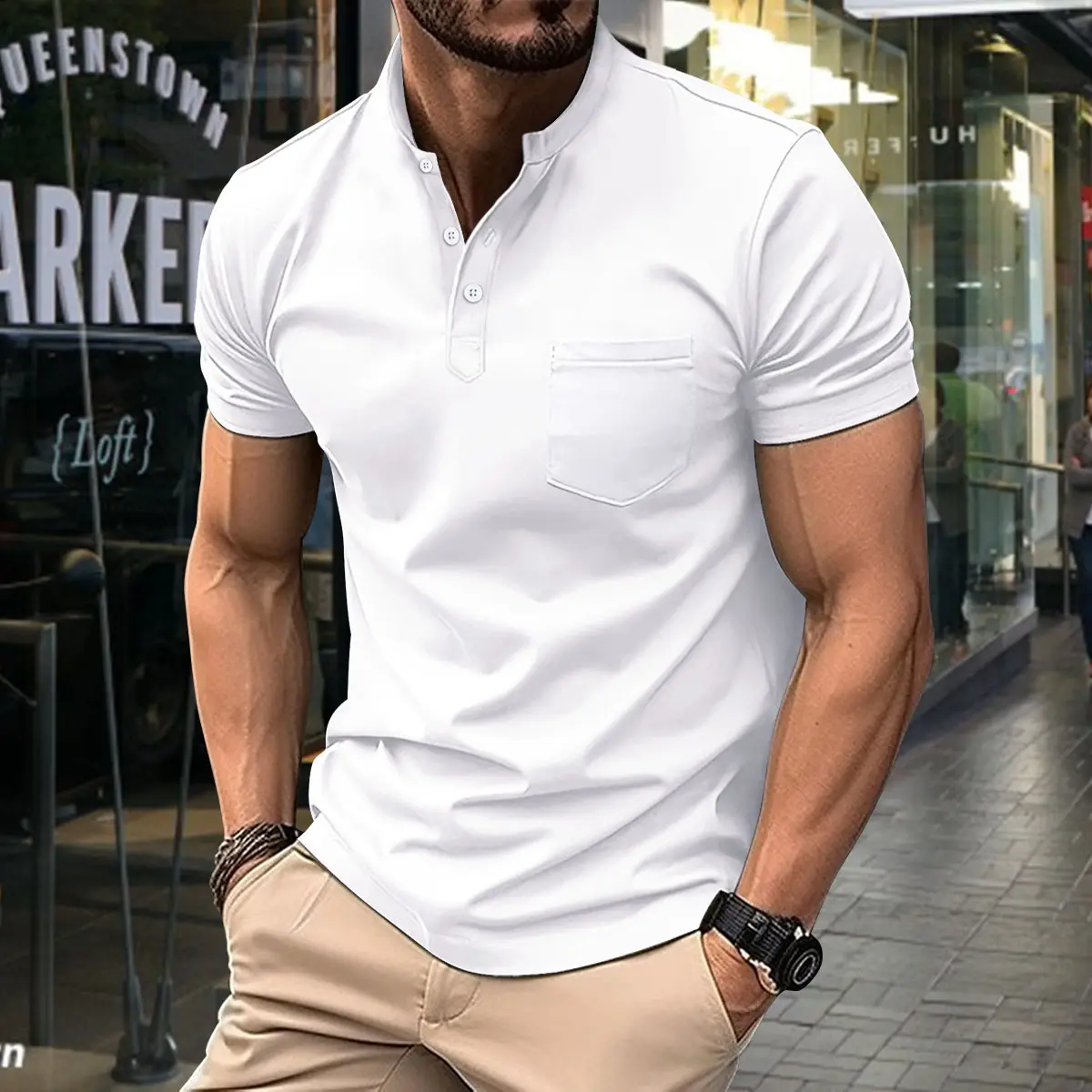 Polo décontracté pour homme avec poche, col en V, boutons, couleur unie, t-shirt polyvalent, short streetwear pour homme