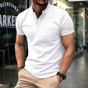 Men's Casual Polo Shirt Pocket V-Neck Button Business Solid Color Versatile T-Shirt Streetwear Shorts For Men