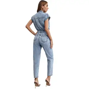Vente en gros de pantalons longs en jean pour femmes, combinaison décontractée solide à manches courtes