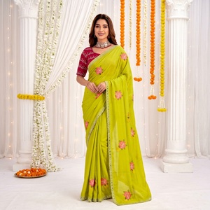 AARA Fashion Green Embroidered Silk Saree <b>Red</b> <b>Blouse</b> Women Traditional Wedding Wear India Pakistan Style Floor Length Regular - Product Image 1