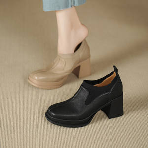 Zapato de Tacón Alto de Plataforma con Punta Cuadrada, Estilo Retro, de Cuero Genuino Suave, con Combinación de Piel de Oveja, Talla Grande - Product Image 3