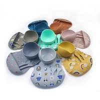 Ensemble d'alimentation pour bébé en silicone, assiette à ventouse pour tout-petit avec cuillère et fourchette, sans BPA, assiette et bavoir à motifs pour bébé