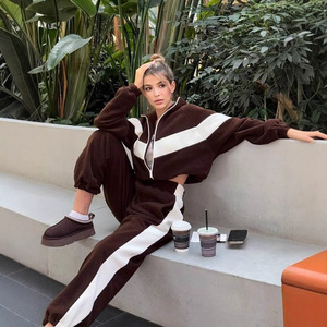 Brown Striped Women Tracksuit <b>Zip</b> <b>Up</b> Jogger Set Casual Sportswear Lounge Outfit - Product Image 1