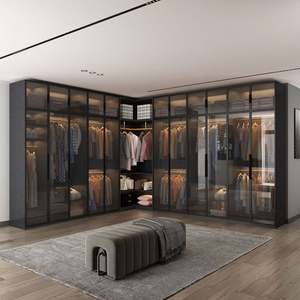 Fabrication en gros d'armoires modernes en verre noir avec éclairage LED |   Système de placard intégré de luxe pour chambre à coucher - Product Image 5