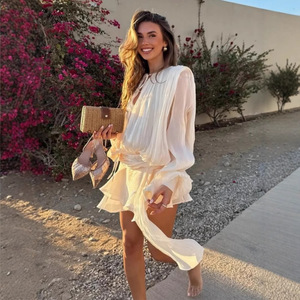 Vestido de Verano para Mujer, de Alta Calidad, Nuevo, de Gasa, Dulce, de <span class=keywords><strong>Manga</strong></span> <span class=keywords><strong>Larga</strong></span>, con Cuello en V, <span class=keywords><strong>Manga</strong></span> Farol, con Cordones, Corto, con Volantes en el Bajo - Product Image 1
