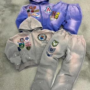 Custom Distressed <b>Embroidery</b> Patch Hoodie Acid Wash Boxy Fit Vintage Zip Men's Cotton Sweatpants & Jogger Tracksuit <b>Set</b> - Product Image 1