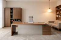 Table de bureau de direction moderne avec placage/MFC, tiroir de rangement, design écologique pour les espaces commerciaux, leadership collaboratif